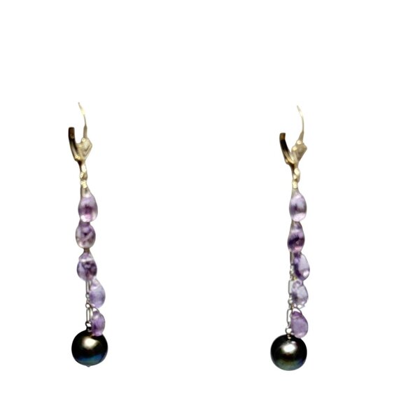 Amethyst Drop Dangle Earrings with Black Pearl Accents for Women - Picture 5 of 6